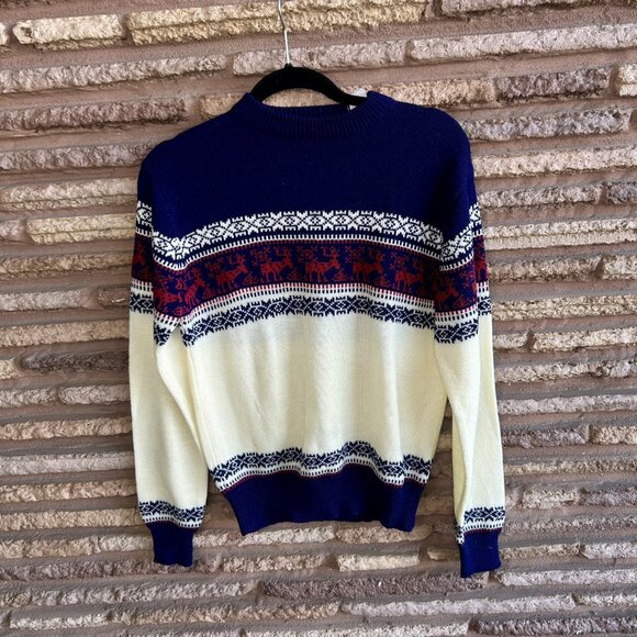 Vintage 1970's  Knit Holiday Moose Reindeer Christmas Ski Sweater Size Medium - Picture 6 of 7